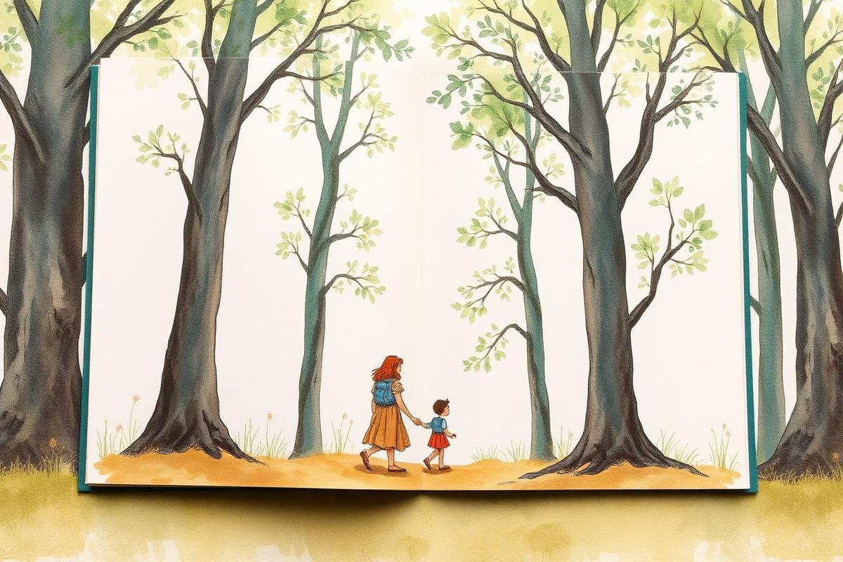 Illustrated spread of a mother and child walking through tall trees