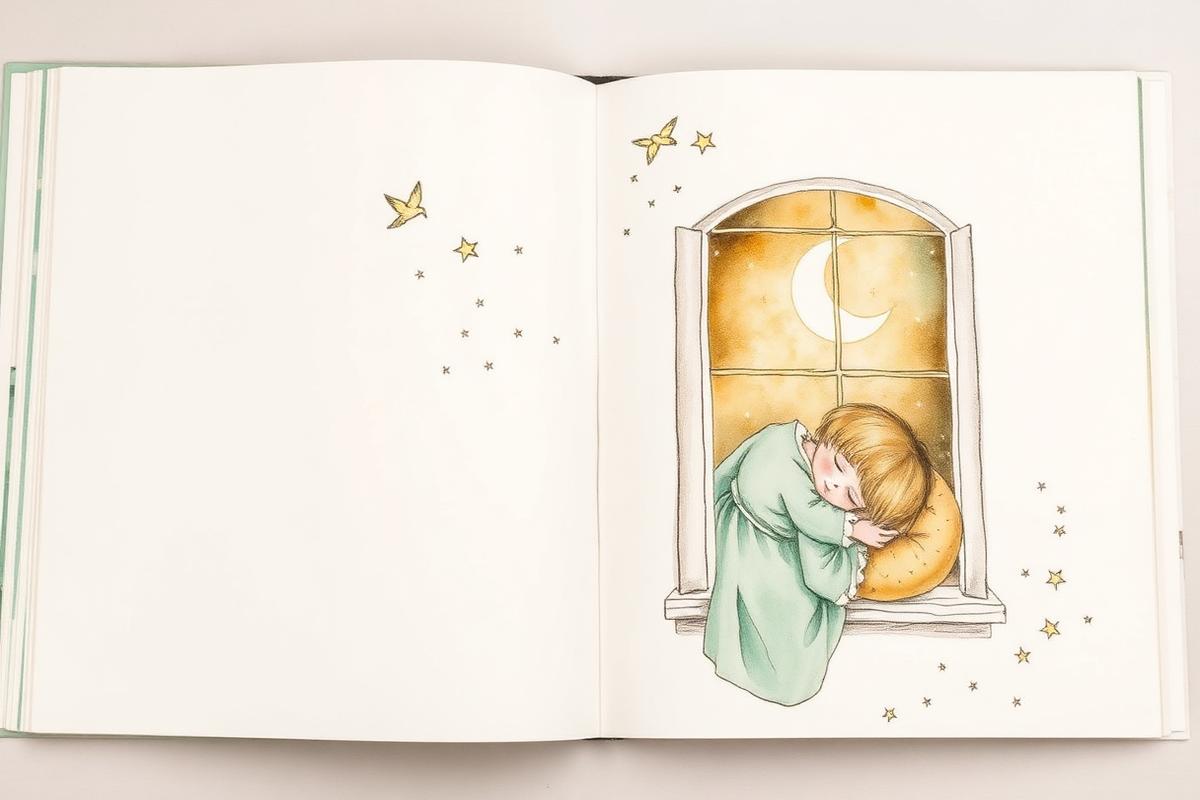 Illustrated spread of a child asleep by a window under stars